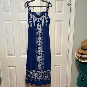 FARM Rio Macaw Blue Sleeveless Sundress with Square Neck and Embroidery